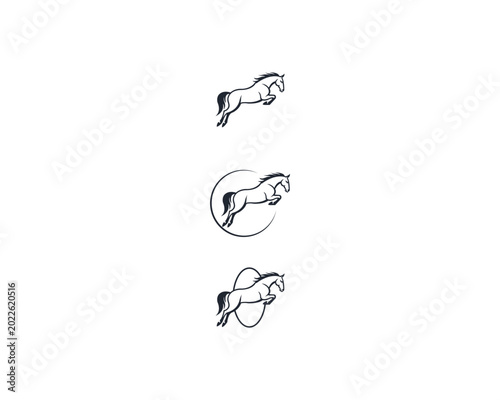 Fast speed Jumping horse logo design elements, side view running horse logo template, Horse Race logo design, Silhouette equestrian Horse racing logo template in different color vector illustration.