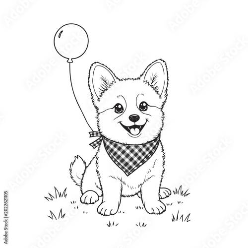 Cute corgi puppy sitting in grass with a balloon on a string  coloring book