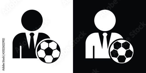 Businessman avatar icon paired with a classic soccer ball, representing sports management, athletic agents, football club executives, and professional sports business.