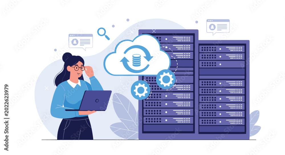 Fototapeta premium IT professional woman using a laptop in a data center with cloud storage and server synchronization symbols on the screen.