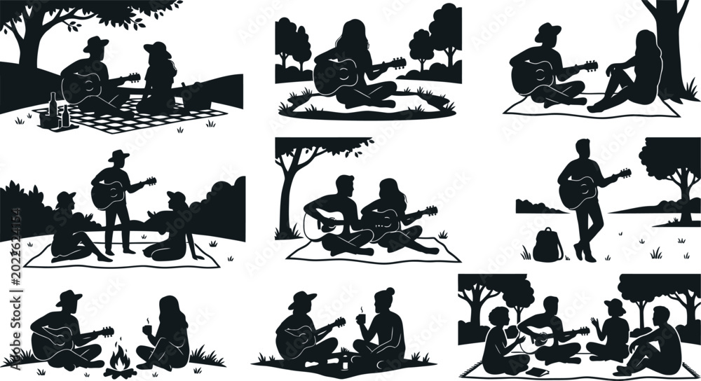 Obraz premium People relaxing with guitars in a park isolated on white background, Vector