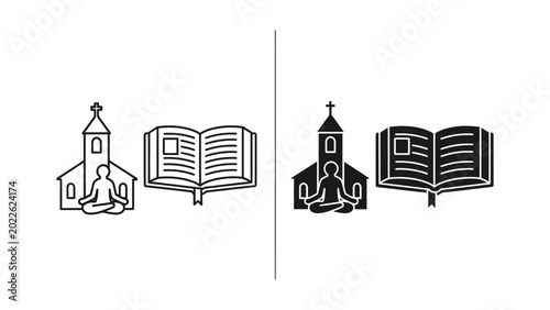 Foto Set of vintage book and reading icons with lamp, church, and bookshelf line art