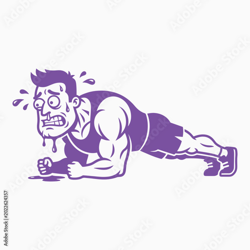 Foto Exhausted man struggling to do push-up with funny expression