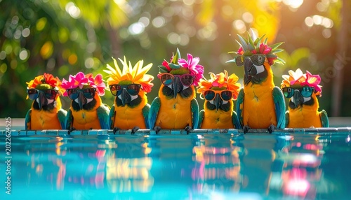 Group of Colorful Macaw Parrots Wearing Sunglasses Relaxing at the Edge of a Tropical Swimming Pool