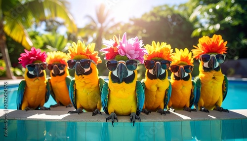 Group of Colorful Macaw Parrots Wearing Sunglasses Relaxing at the Edge of a Tropical Swimming Pool