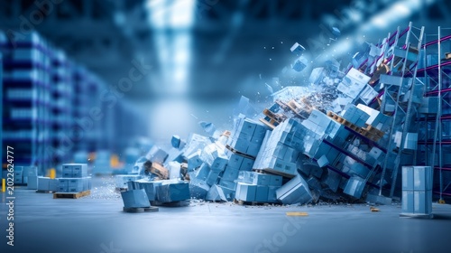 Warehouse Shelving Collapse with Stacked Goods in Disarray