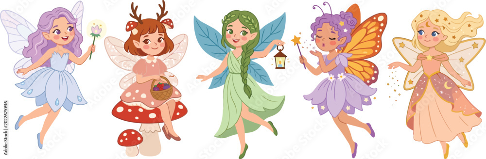 Fototapeta premium Five cartoon fairies with different colored hair and wings standing in a row