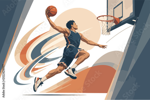 Fotografie Basketball player dunking ball at hoop with abstract background