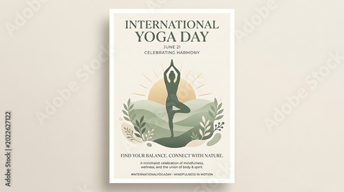 International yoga day landscape with sun and silhouette in tree pose, wellness