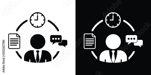 Tableau sur toile Businessman icon surrounded by a clock, a document, and chat bubbles, representing efficient time management, project workflows, communication, and multitasking