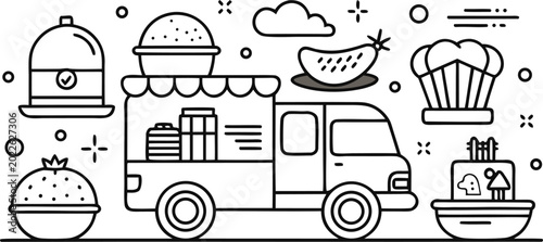 Food truck and meal icons linear style illustration on a white background