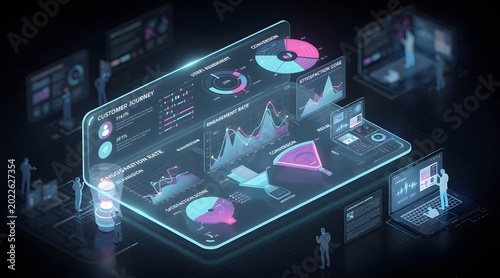 Futuristic Digital Interface Displaying Data Analytics and Information on Mobile Devices.