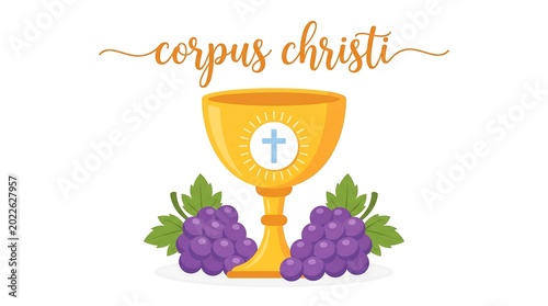 Golden chalice with grapes and wheat for Christian Eucharist ceremony