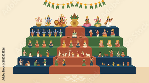 A charming flat design illustration depicting a traditional Navratri Golu display, featuring a multi-tiered arrangement of stylized dolls. This modern vector artwork represents a unique South Indian