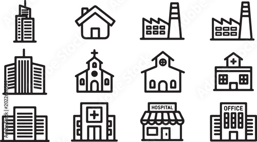 Black and white vector icons of buildings and houses Vector