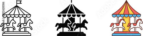 Tableau sur toile Carousel amusement ride vector icons featuring circus horses carnival entertainm