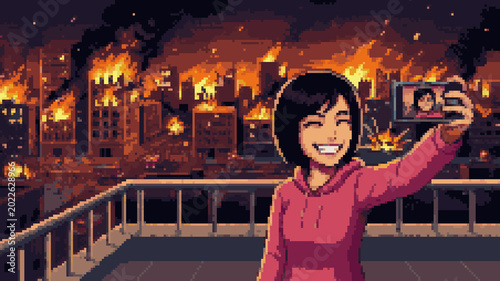 Slika na platnu Pixel art of a woman taking a selfie while a massive fire and chaos break out in