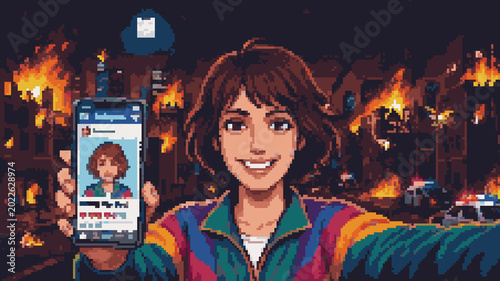 Fotografija Pixel art of a smiling girl taking a selfie and live streaming in front of a bur