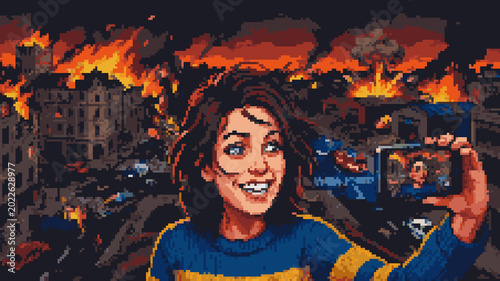 Photography Pixel art of a woman smiling and taking a selfie with a smartphone while a city