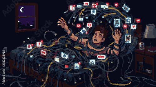 Obraz na płótnie Pixel art of a man trapped in bed and tangled in a mess of glowing computer cabl