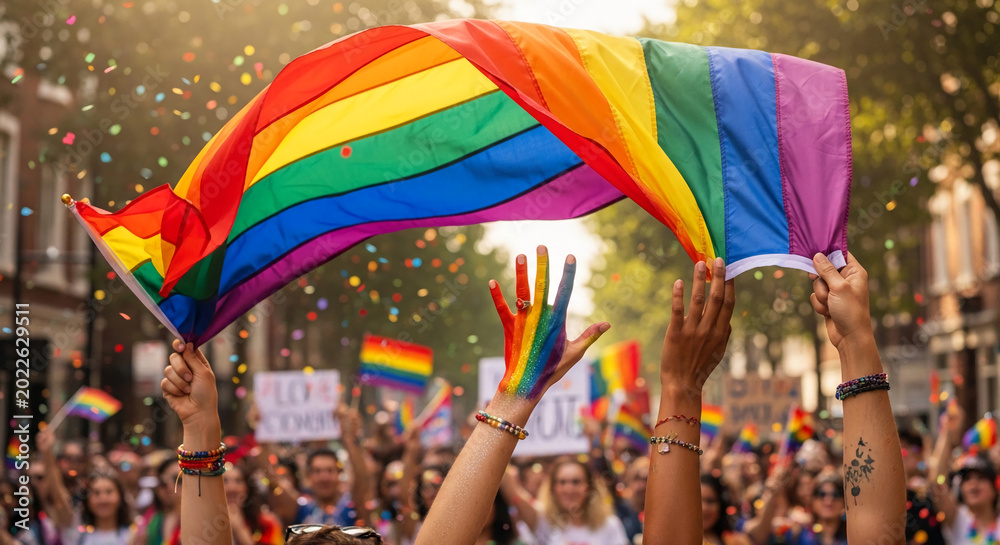 Fototapeta premium Rainbow flag held aloft at a vibrant parade with confetti, symbolizing pride, equality, and celebration of diversity.