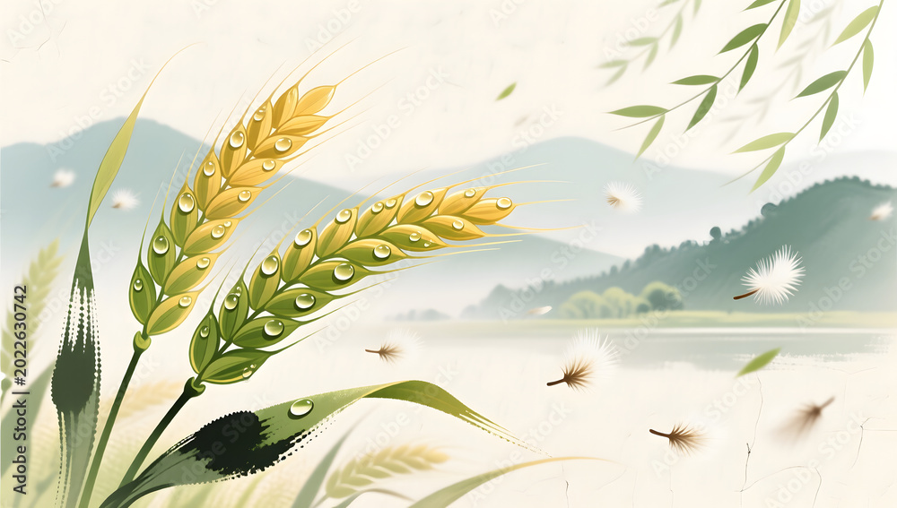 Fototapeta premium Xiaoman solar term golden wheat ears and dew nature scenery