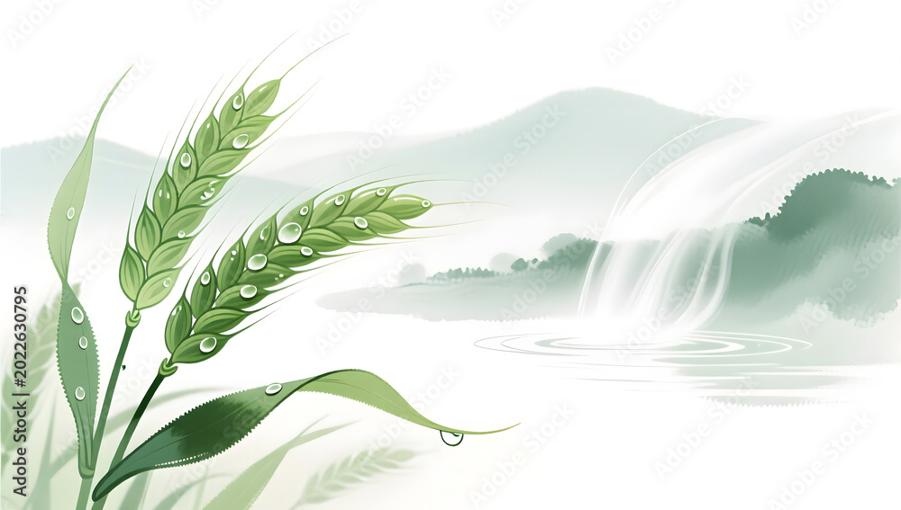 Fototapeta premium Xiaoman solar term green wheat and dew nature ink background