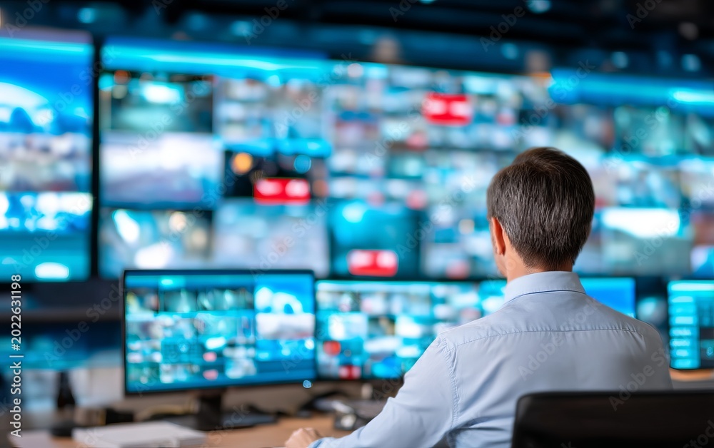Obraz premium Man monitoring multiple digital surveillance screens in a high-tech control room