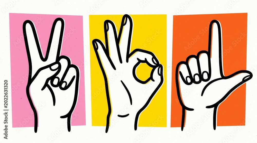 Fototapeta premium Three colorful panels with bold hand gestures: peace sign, OK gesture, and L‑shape outlined in black on vivid backgrounds…