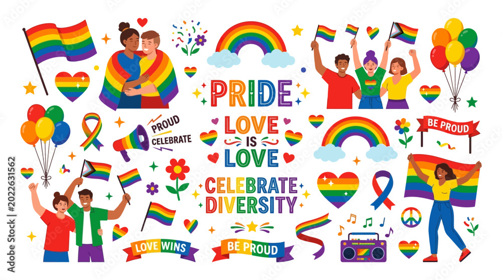 Obraz premium Celebrate Pride Month with a vibrant collection of LGBTQ+ symbols and affirmations, embracing love, diversity, and unity in a spectrum of colors