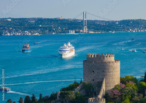 Rumeli Fortress (Rumelihisarı) and Cruise Drone Photo, Sariyer Istanbul, Turkiye (Turkey)