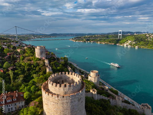 Rumeli Fortress (Rumelihisarı) and Cruise Drone Photo, Sariyer Istanbul, Turkiye (Turkey)