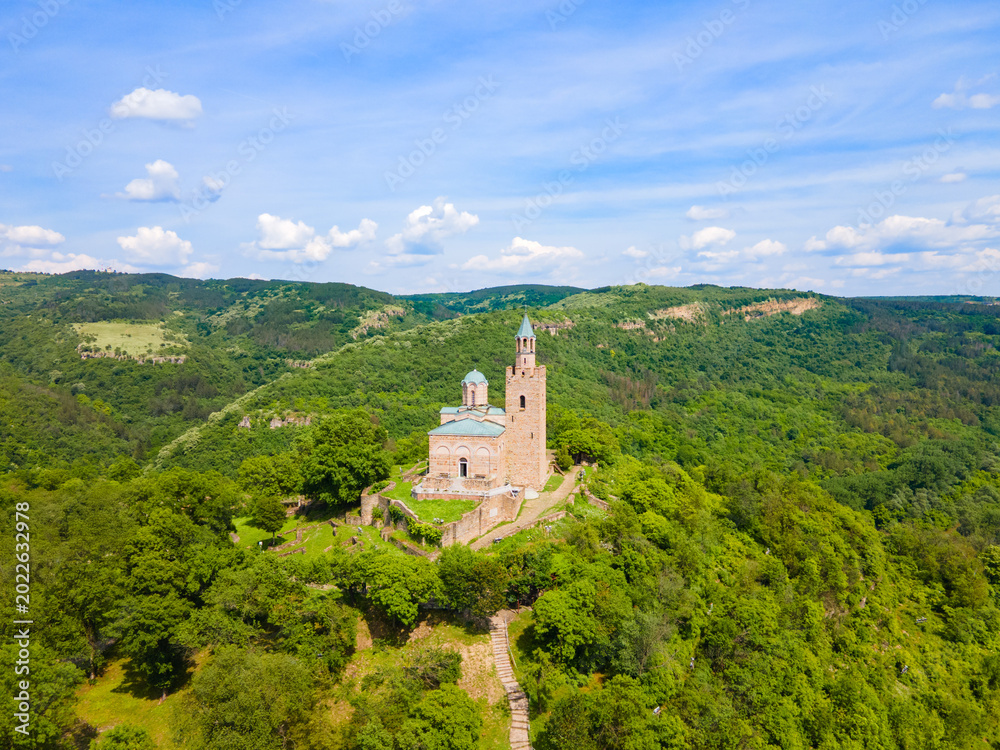 Fototapeta premium Patriarchal Cathedral, Tsarevets Fortress aerial view, Veliko Tarnovo