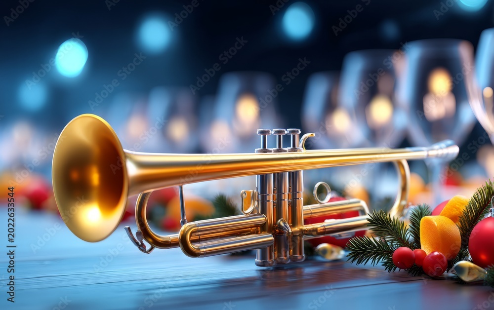 Fototapeta premium Festive Dining Setup with Decorations and Trumpet on Table