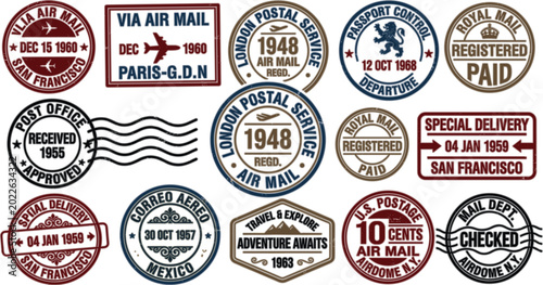 Photos Vintage Airmail Postage Stamp Collection with Retro Postal Seals, Registered Mai