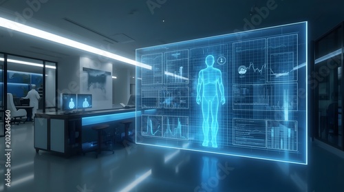 Futuristic Medical Laboratory with Holographic Human Body Display and Advanced Technology.