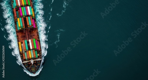 Aerial view of a large cargo ship with colorful containers on the open sea