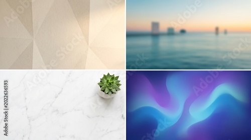 A serene collage of abstract patterns, a potted plant on marble, and a peaceful ocean view at sunset.