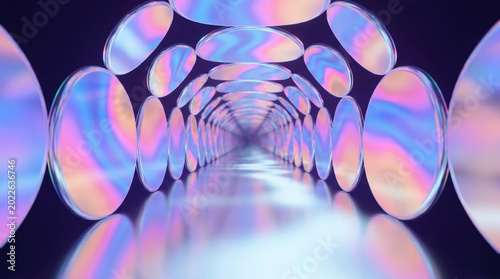 Futuristic luxury neon corridor with holographic projections
