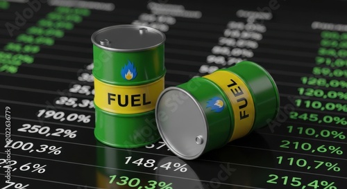 Green fuel barrels on a stock market data screen background
