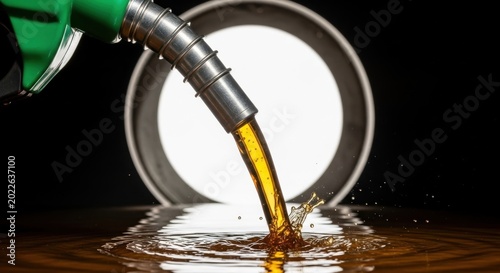 A green gas pump nozzle pouring oil into a puddle with a barrel in the background