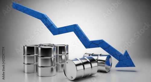 Steel oil barrels with a cracked blue downward trending arrow on a gradient background