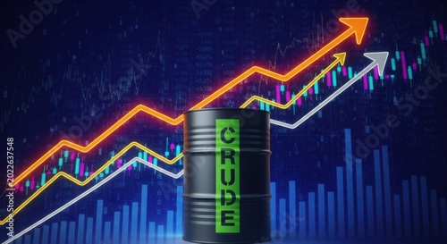 Crude oil barrel with rising graph and stock market data in background