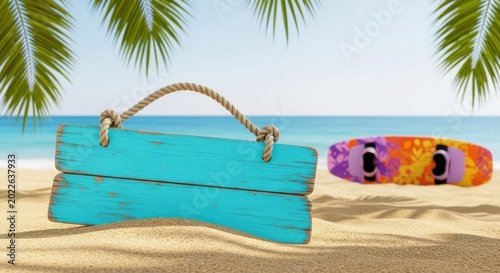 A weathered blue wooden sign on a sandy beach with a colorful surfboard and palm trees