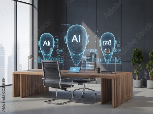 Futuristic Office with AI Holograms and Modern Technology Display.