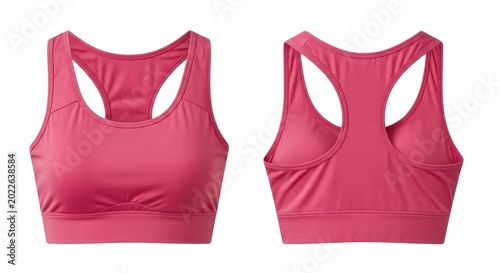 Hot pink women's racerback sports bra front and back view isolated on a white background