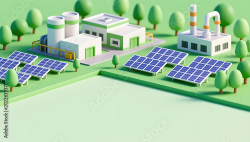 3D illustration of a modern eco-friendly factory with solar panels