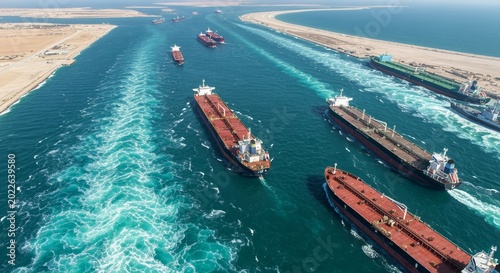 Tankers Gracefully Navigate the Suez Canal, Showcasing Turquoise Waters and Global Maritime Trade