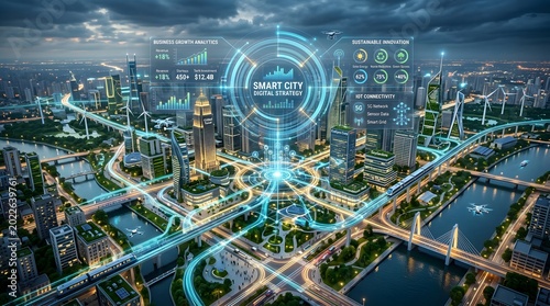 Futuristic Smart City Concept - Digital Infrastructure and Urban Development.