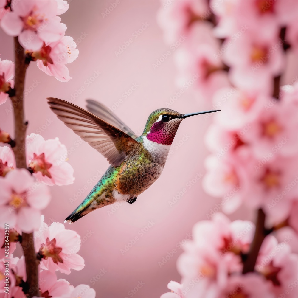 Fototapeta premium Tiny hummingbird bird flies among soft pink blossoms. Small bird with iridescent feathers hovers with outstretched wings near blooming flowers in gentle spring garden. Animal nature scene.